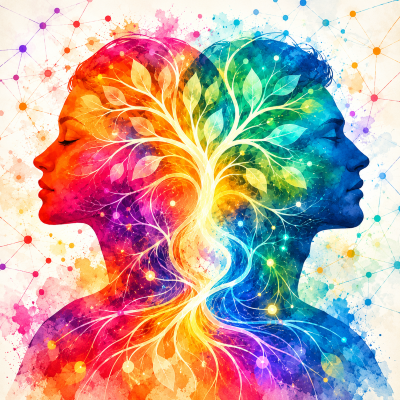 Colorful illustration of two human profiles with an interconnected tree and neural networks, representing IFS and Polyvagal Theory training.